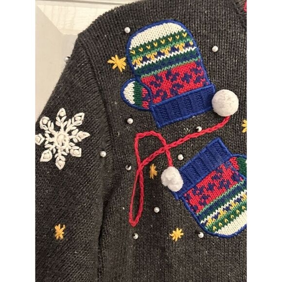 Vintage DESIGNERS ORIGINALS P/M Ho Ho Christmas Sweater‎ Cardigan Snow Mitten - Picture 2 of 5